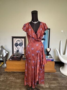 Women's Rust Floral Wrap Dress with Ruffle V-Neck